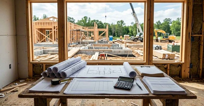 Home construction plans and budgeting documents at an active building site.