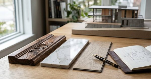 Home building material samples and plans.
