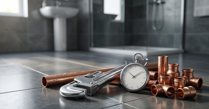 Pipe wrench, copper pipes, fittings, and a stopwatch on a tiled bathroom floor, representing fast emergency plumbing repairs and professional pipe installation services.