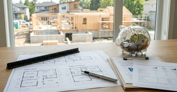 Home construction financing comparison with architectural floor plans, budget reports, and a savings piggy bank overlooking a residential building project.