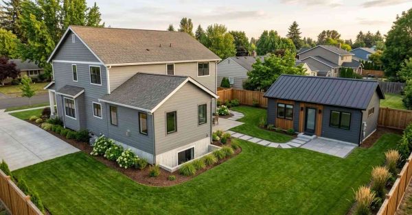 Aerial view of a suburban property showing a detached ADU in the backyard alongside a larger primary home, connected by landscaped walkways, manicured lawns, and modern outdoor living spaces.
