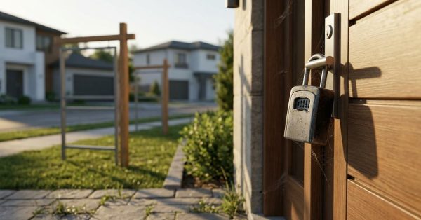 Locked front door with a real estate sign frame in front of an unsold suburban home.