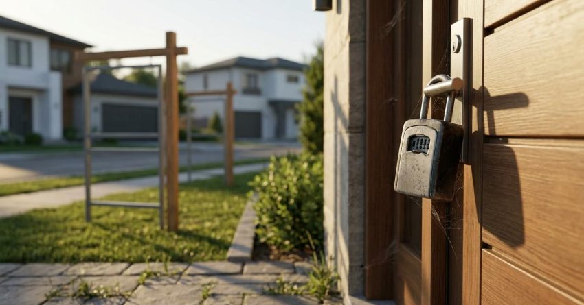 Locked front door with a real estate sign frame in front of an unsold suburban home.