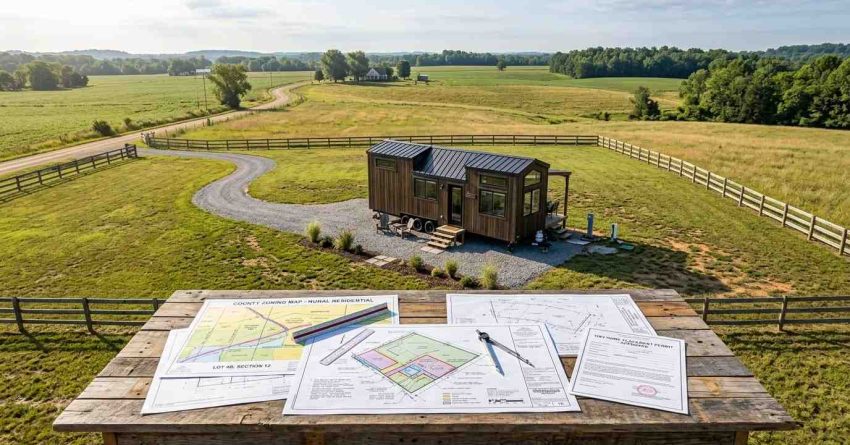 Elevated view of a tiny home on wheels situated on a large rural property, with zoning maps, site plans, and permit documents displayed on a wooden table in the foreground, illustrating land-use planning, placement considerations, and regulatory requirements for tiny house development.
