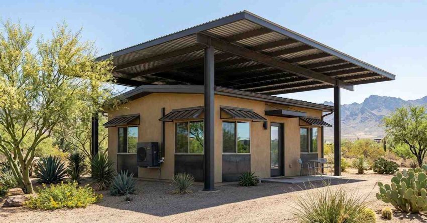 Desert park model home with a large shade canopy, drought-tolerant landscaping, and mountain views.