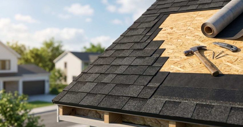 Close-up of asphalt shingle roof installation showing roofing layers, underlayment, plywood decking, and roofing tools on a residential home.