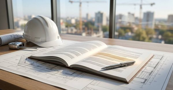 Open contract book and pen on construction blueprints beside a hard hat and measuring tape.