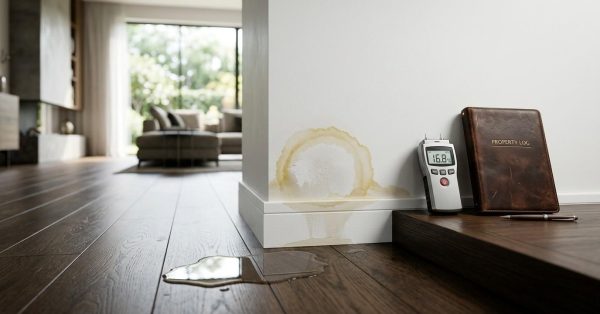 A digital thermometer placed on a wooden floor near an open door, indicating a temperature reading.