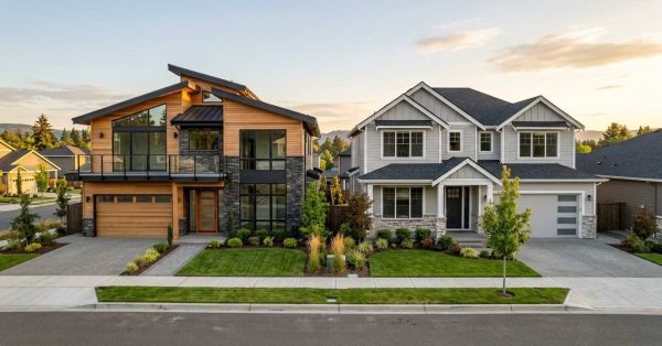 Modern custom home and traditional suburban home side by side with landscaped front yards.