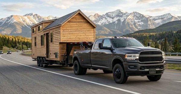 Pickup truck towing a tiny home on a trailer along a mountain highway.