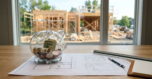 Glass piggy bank with savings, architectural floor plans, and construction budgeting tools overlooking a residential home building project.