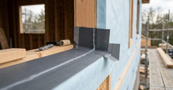 Close-up of window flashing installation on a house under construction, showing waterproof membrane, sealant, and exterior wall protection details.