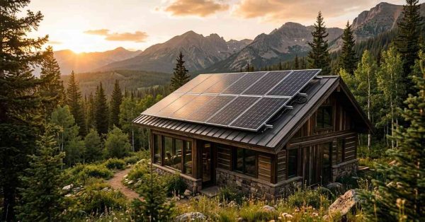Solar panels installed on the roof of a modern cabin surrounded by pine trees and mountains at sunset, showcasing sustainable off-grid living in a natural landscape.