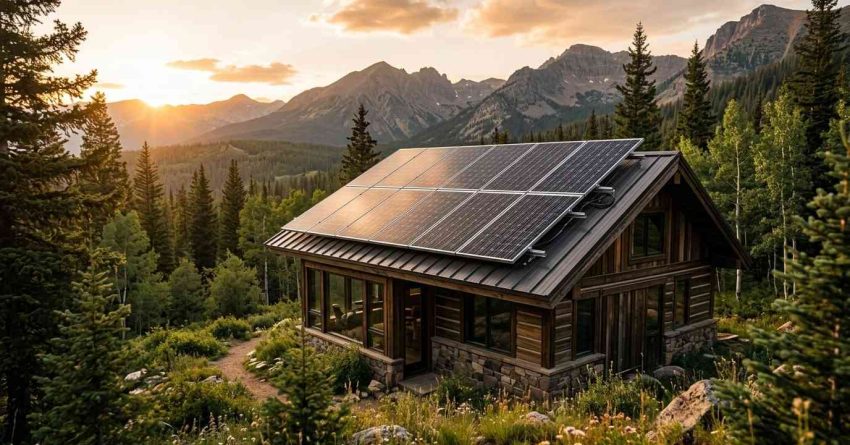 Solar panels installed on the roof of a modern cabin surrounded by pine trees and mountains at sunset, showcasing sustainable off-grid living in a natural landscape.