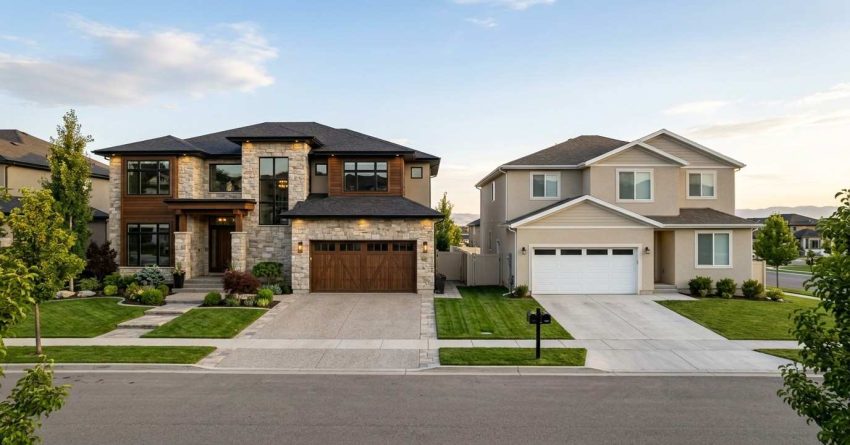 Luxury custom home beside a standard suburban home, highlighting differences in design, materials, and curb appeal.