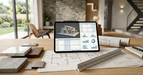Digital home construction cost calculator displayed on a tablet with architectural plans, material samples, and budgeting documents in a modern residential design workspace.