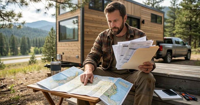 Person reviewing permits and maps beside a tiny home on wheels, planning travel and placement logistics.