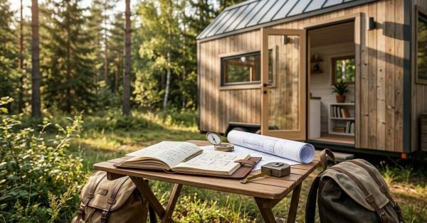 Tiny house in a forest clearing with blueprints, notebook, and tools on an outdoor planning table.
