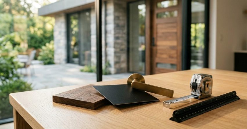 Interior design material samples, door hardware, and measuring tools on a table overlooking a modern home entrance.