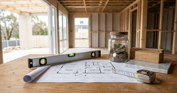 House plans, measuring tools, and a savings jar on a workbench inside a home under construction.