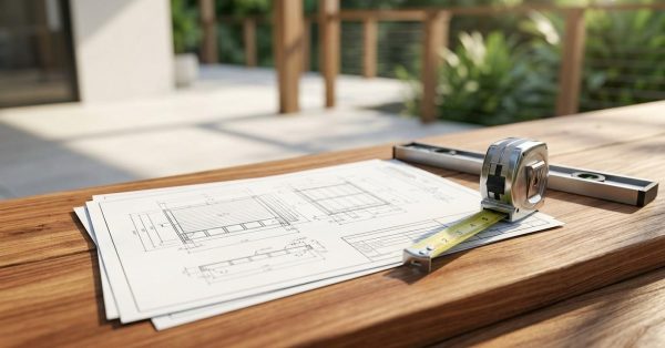 Deck construction blueprints, a tape measure, and a spirit level on a wooden surface, representing outdoor deck planning, measuring, and residential construction.