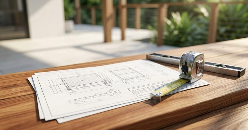 Deck construction blueprints, a tape measure, and a spirit level on a wooden surface, representing outdoor deck planning, measuring, and residential construction.