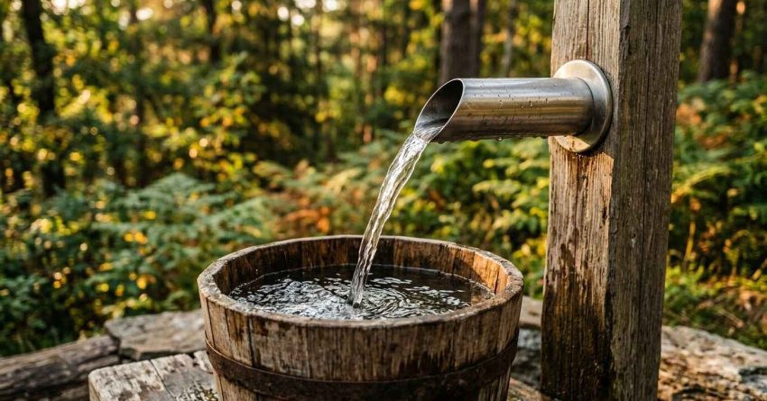 Water flowing into a wooden bucket in a forest.