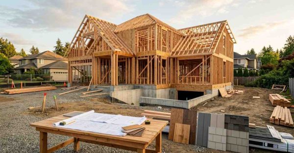 Custom home under construction with wood framing, blueprints, and exterior material samples displayed at the building site.