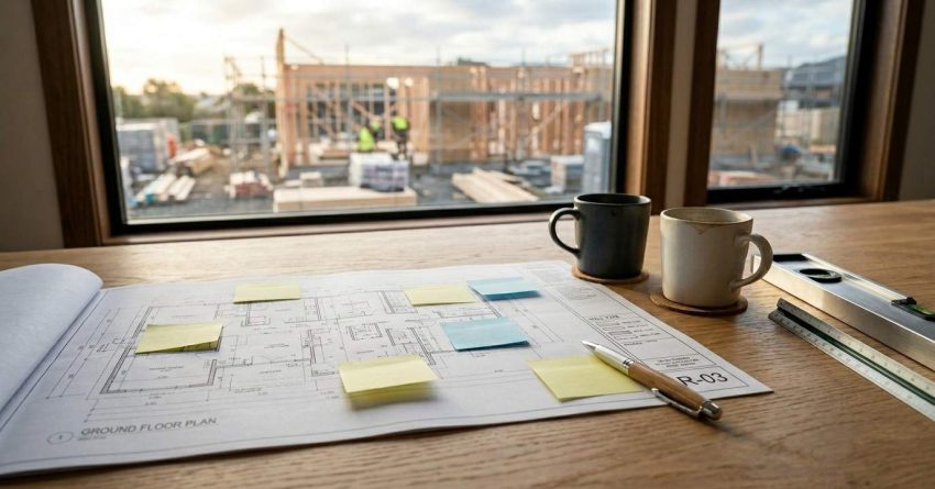 Floor plan with notes, ruler, and coffee mugs on a desk overlooking a home construction site.