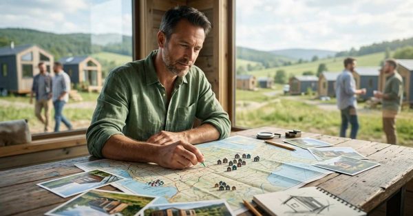 Man reviewing a map and tiny home community locations inside a cabin with homes visible outside.