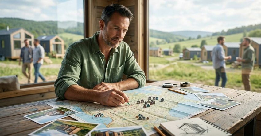 Man reviewing a map and tiny home community locations inside a cabin with homes visible outside.