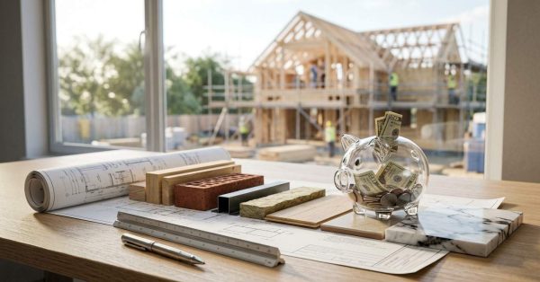 Construction cost planning concept with building materials, architectural blueprints, and a savings piggy bank displayed in front of a residential home construction project.