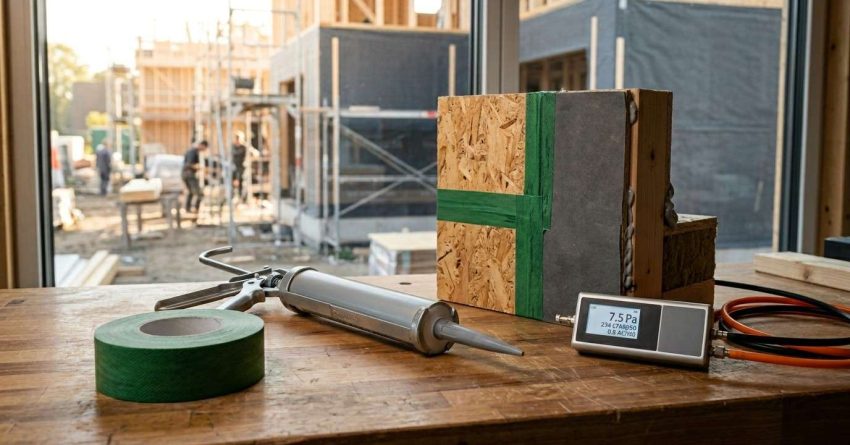 Air sealing materials and testing equipment on a workbench, with a wall assembly mockup and residential construction site in the background.