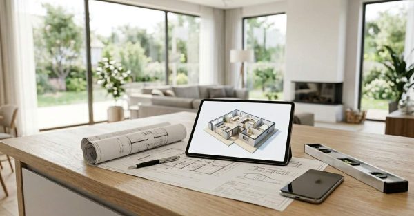 Tablet displaying a 3D house model on architectural plans in a modern living room.
