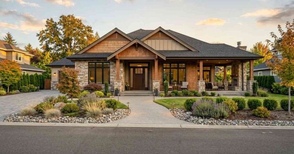 Luxury single-story craftsman-style home with stone accents, covered porch, and professionally landscaped front yard.