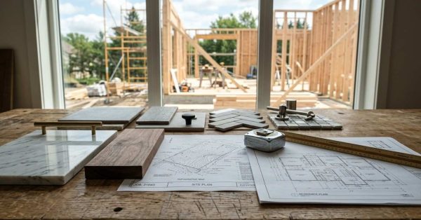 Wooden desk with architectural site plan and home building floor plan, displaying material samples, measuring tape, and construction tools, with a partially framed house under construction visible through a large window