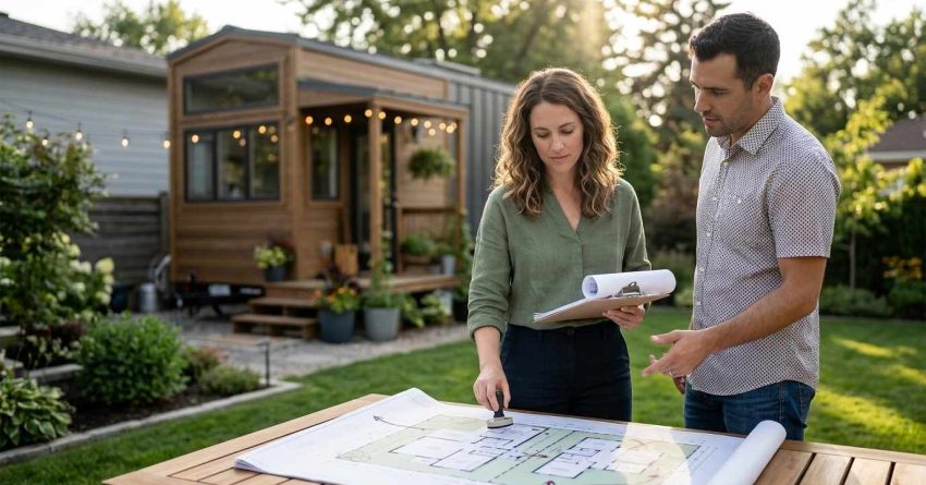 Couple reviewing site plans and permits for a backyard tiny home project.