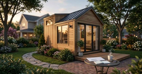 Cozy tiny home in a landscaped backyard with a patio table, notebook, and coffee at sunset.