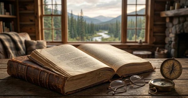 Open law book with glasses and compass in a mountain cabin.