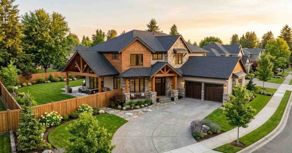 Large modern craftsman home with stone accents, three-car garage, fenced backyard, and manicured landscaping in a suburban neighborhood.