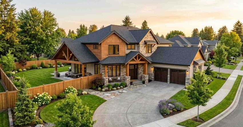 Large modern craftsman home with stone accents, three-car garage, fenced backyard, and manicured landscaping in a suburban neighborhood.