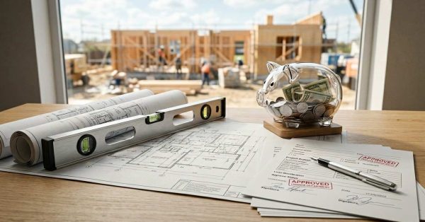 Construction loan approval documents, architectural floor plans, and a savings piggy bank displayed beside a home building project, illustrating construction financing and budgeting.