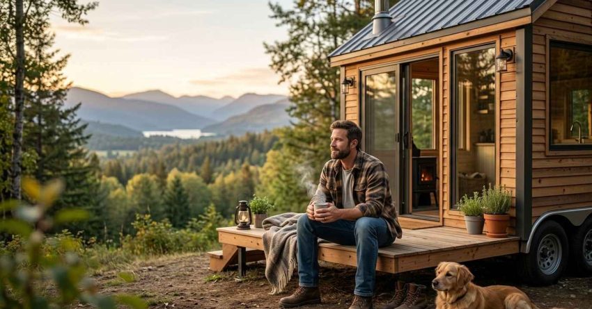 Person relaxing outside a tiny home with a dog, overlooking a mountain and forest landscape.