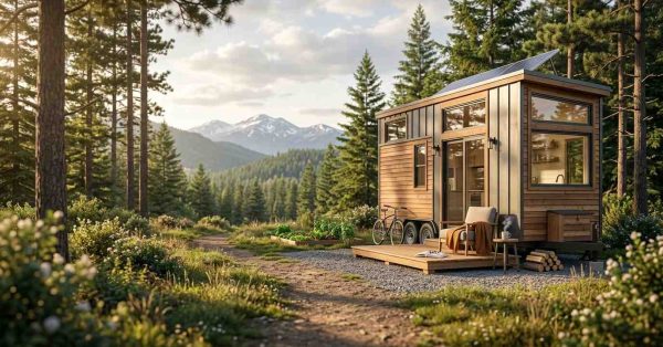 Tiny house with a deck in a forest clearing, surrounded by wildflowers and mountain views.