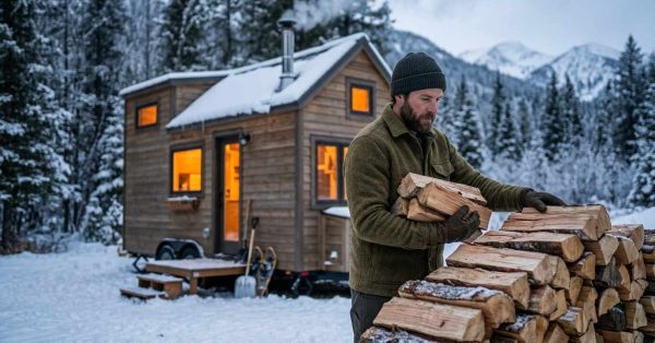 Person stacking firewood beside a tiny home in a snowy mountain landscape.