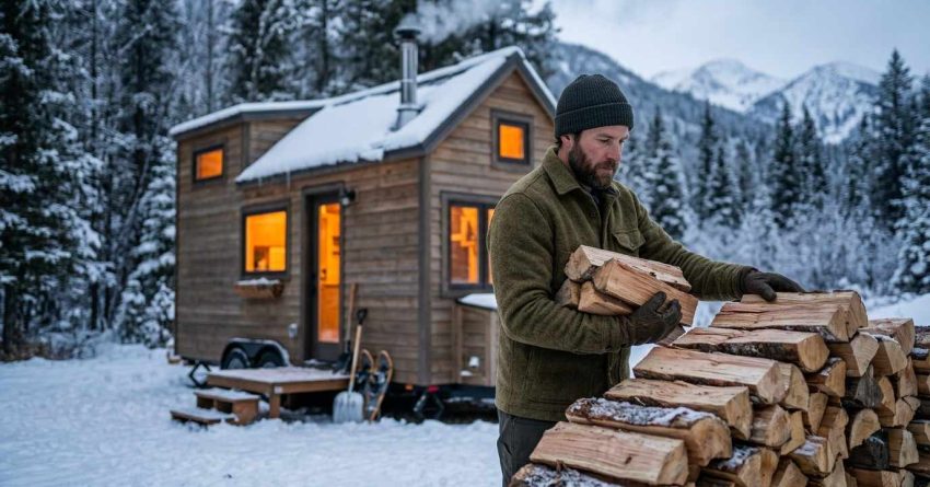 Person stacking firewood beside a tiny home in a snowy mountain landscape.