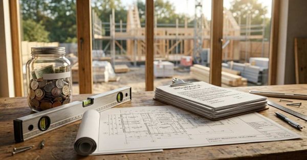 Tablet displaying a 3D house model on architectural plans in a modern living room.