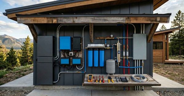 Off-grid utility wall with filtration and electrical systems.