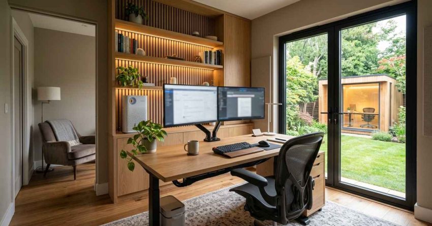 Modern home office with dual monitors, built-in wood shelving, ergonomic chair, and large glass doors overlooking a landscaped backyard.