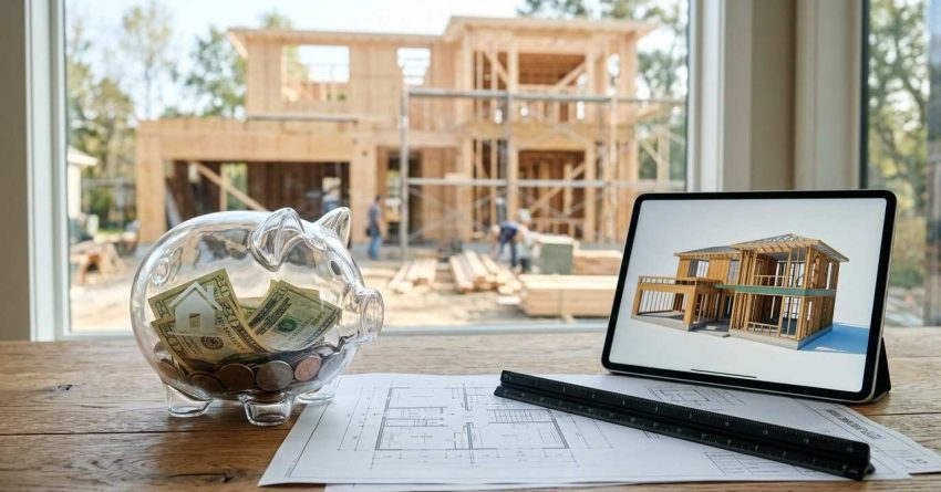 Budgeting for new home construction with a savings piggy bank, digital house model, and architectural floor plans displayed in front of an active residential building site.